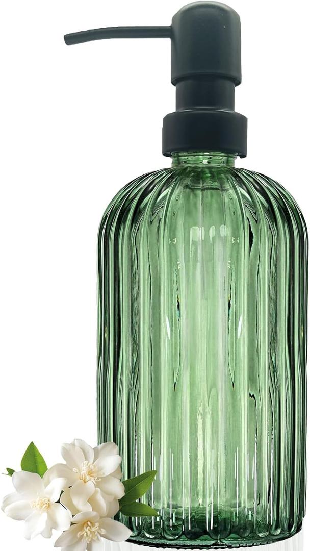 Green Glass Soap Dispenser with Black Rust Proof Stainless Steel Pump, 13.5Oz Bathroom Clear Liquid Lotion Bottles Refillable Dish Dispensers with Vertical Stripe, Hand Dish Dispenser for Kitchen