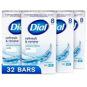 Dial Antibacterial Bar Soap, Refresh, White, 4 oz, 32 Bars