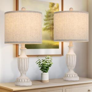 TOBUSA 22 Farmhouse Table Lamps Set of 2, White Rustic Vintage Table Lamps for Living Room Bedroom, Antique Bedside Desk Lamps with Linen Shade, Traditional Resin Nightstand Lamp Sets for End Table
