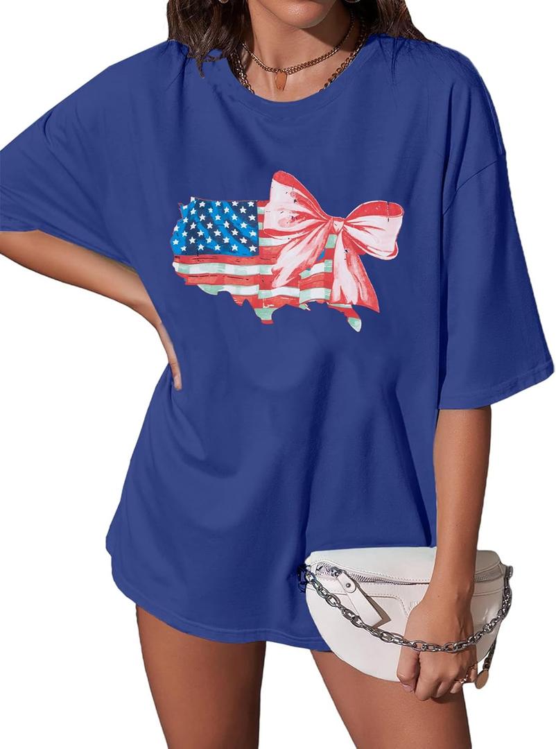4th of July Shirts Women Patriotic Shirt Oversized American Flag Bow Tshirt Independence Day Short Sleeve Tee Tops, Size: Small