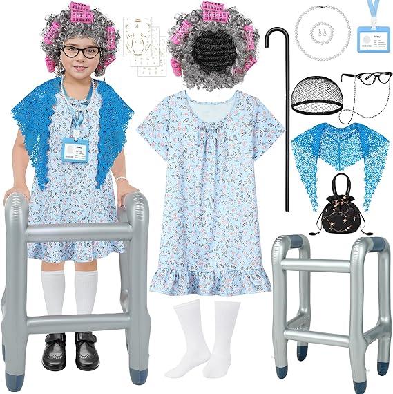 Old Lady Costume for Kids Girls 100th Day of School Grandma Costume Granny Dress with Shawl Wig for Cosplay