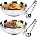 2 Pack 304 Stainless Steel Pasta Bowls, 47oz Double Walled Insulated Soup Salad Bowls Unbreakable, 8.7" Large Cereal/Ramen/Udon/Noodle/Pho Bowl Plates with 2 Spoons & Forks, Dishwasher Safe