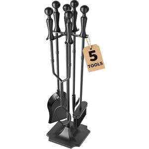 AMAGABELI Garden & Home 5 Pcs Fireplace Tools Set 31 Inch Indoor Black Handle Wrought Iron Large Fire Tool Accessories Set Holder Outdoor Fireset Modern Fire Pit Stand with Poker Brush Shovel Tong (Pyramid Base Black)