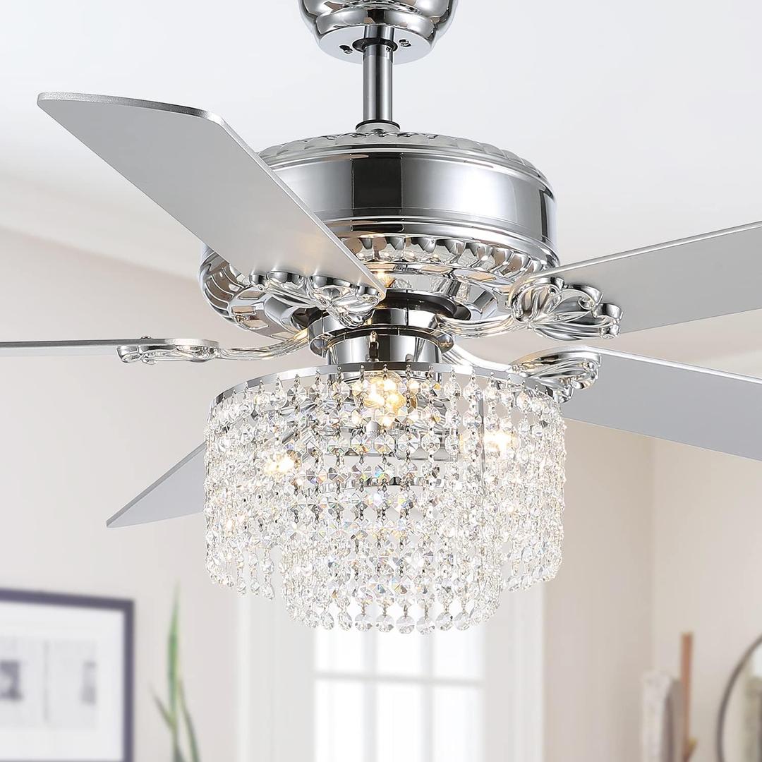 Moooni 52 Inch Modern Reversible Chandelier Fan with Lights and Remote, Elegant Crystal Fandelier Ceiling Light KIt for Bedroom Dining Room Silver