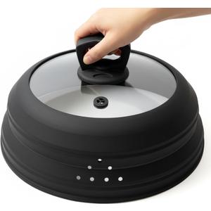 Microwave Splatter Cover Glass 10.5 Inch Microwave Cover for Food with Handle Collapsible Silicone Microwave Cover with Steam Vent for Pot Plate Bowl (Black)