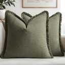 MIULEE Decorative Throw Pillow Covers Neutral Linen Fringe Throw Pillows Set of 2 Olive Green Boho Farmhouse Cushion Covers with Tassels for Couch Sofa Bed Living Room Spring Home Decor 20x20 Inch