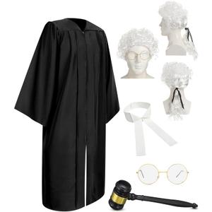 Hillban 5 Pcs Halloween Judge Costume Accessory Judge Robe False Collar Wooden Gavel Wig and Glasses for Halloween Cosplay(White Wig, Adult)