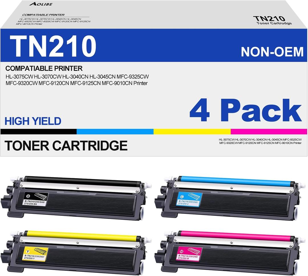 TN210 Toner Cartridge Compatible for Brother TN-210 Work with MFC-9325CW MFC-9125CN HL-3070CW MFC-9320CW HL-3070CW MFC-9120CN Printer (1 Black, 1 Cyan, 1 Magenta, 1 Yelllow, 4 Pack)