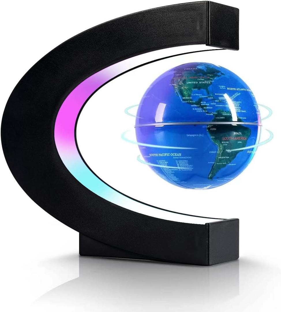 Flagest Magnetic Levitation Floating Globe, Levitating C Shape Globe with LED Lights for Education Home Office Desk Bookshelf Decor, Holiday Anniversary Creative Item(3.3 Inches) (Blue)
