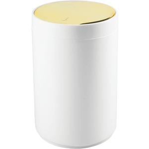 mDesign Small Round Plastic Trash Can Wastebasket, Garbage Container Bin with Swing Top Lid - for Bathrooms, Kitchens, Home Offices - 1.3 Gallon/5 Liter - White/Gold (Pack of 1)
