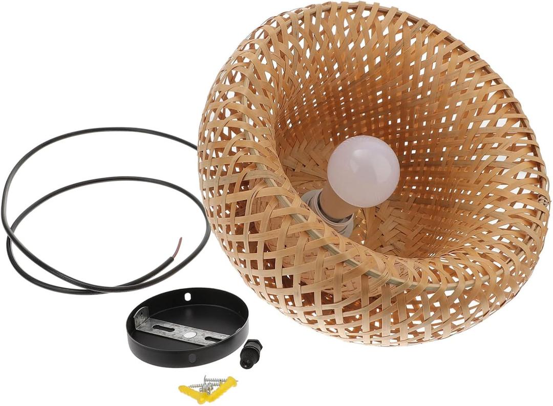 Decorative Bamboo Lampshade Chandelier Plug in Pendant Light Hanging Lamp Cord for Bedroom Dining Room