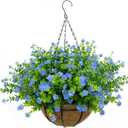 Artificial Hanging Flowers Basket, 12 UV-Resistant Bundles of Realistic Fake Flowers, Faux Plants for Outdoor Decor, Home, Garden, Porch, Patio, Spring & Summer Decorations, Blue