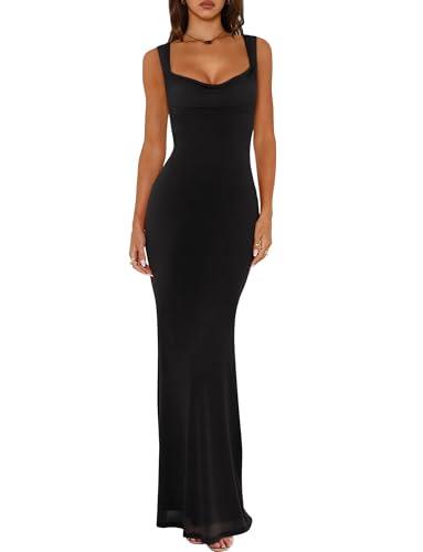 REORIA Women's Summer Cowl Neck Mesh Sleeveless Tank Dress Sexy Double Lined Bodycon Maxi Long Dresses Black Medium