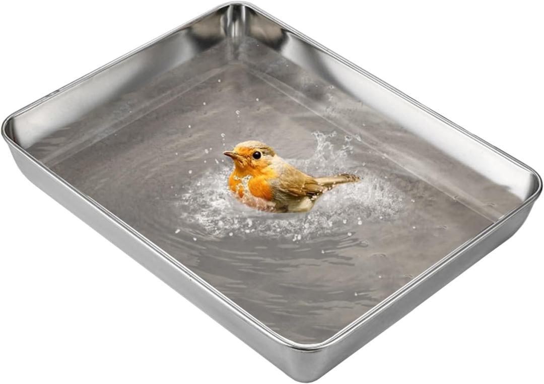 kathson Stainless Steel Bird Bath 16.14"12.2"2.36" Metal Bird Bath Tray Pet Bird Cleaning Accessories Bird Bathtub Bird Bath Tray Pet Shower Tub Pigeon Bathtub Bird Cage Bathtub Tray