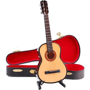 Wooden Miniature Guitar with Stand and Case Mini Musical Instrument Guitar Replica Collectible Figurines Dollhouse Accessories Model Home Decoration Display Ornament (7.87"x2.87"x0.94")