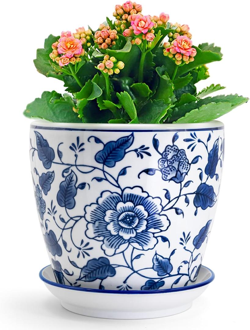 HakkaGirl 8 inch Ceramic Planters for Indoor Plants, Chinoiserie Decor Ceramic Pots for Plants Flower Plant Pots Indoor with Drainage and Saucer, Blue and White, 8" Diameter