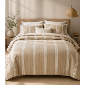 WDCOZY Velvet Queen Size Quilt Set - Beige Striped Soft Lightweight Bedspread, Tan Neutral Channel Farmhouse Country Rustic Coverlet, Taupe Camel Modern Bedding Kakhi Warm Thin Comforter, 3 Pieces