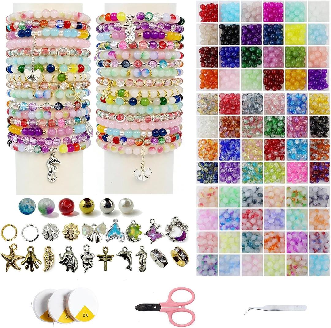 3 Pack 8mm Glass Beads for Jewelry Making1800+pcs 72 Colors Round Crystal Glass Beads DIY Bracelet Making Kit with AccessoriesSolidCrackle and Gradient Colors 3 Box