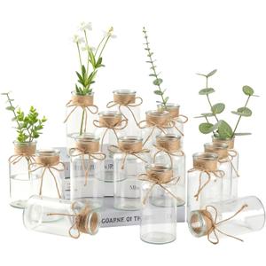 16 Glass Bud Vases 6.4 H, Mason Jars Transparent Centerpiece Vases with Hemp Rope for Weddings Parties Farmhouse Decor