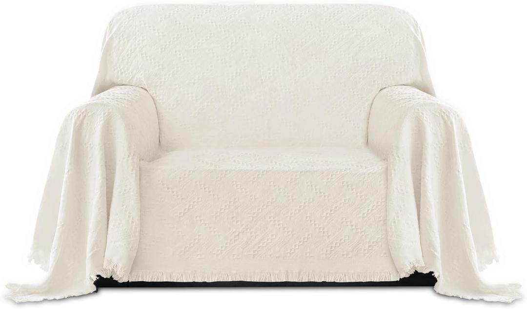 PureFit Geometric Jacquard Throw Sofa Cover - Textured Soft Washable Decorative Couch Covers for 3 Cushion Couch, Throw Cover with Tassels Furniture Protector for Pets, Kids (Small, Ivory)