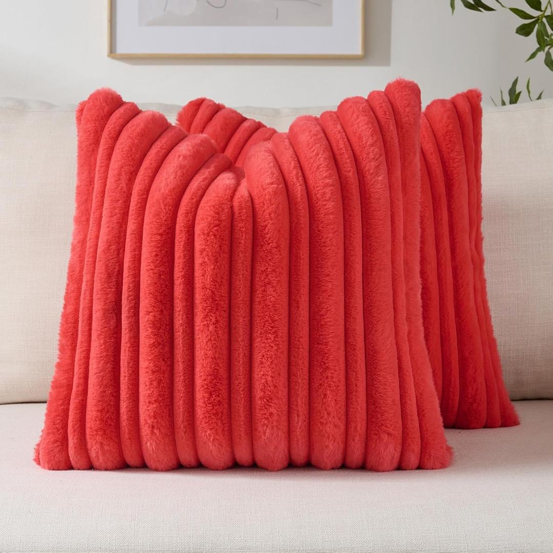 FUTEI Christmas Red Decorative Throw Pillow Covers 18x18 Inch Set of 2,Soft Fluffy Faux Rabbit Fur Thick & Thin Striped Textured Cushion Case,Modern Home Decor for Couch Bed Living Room