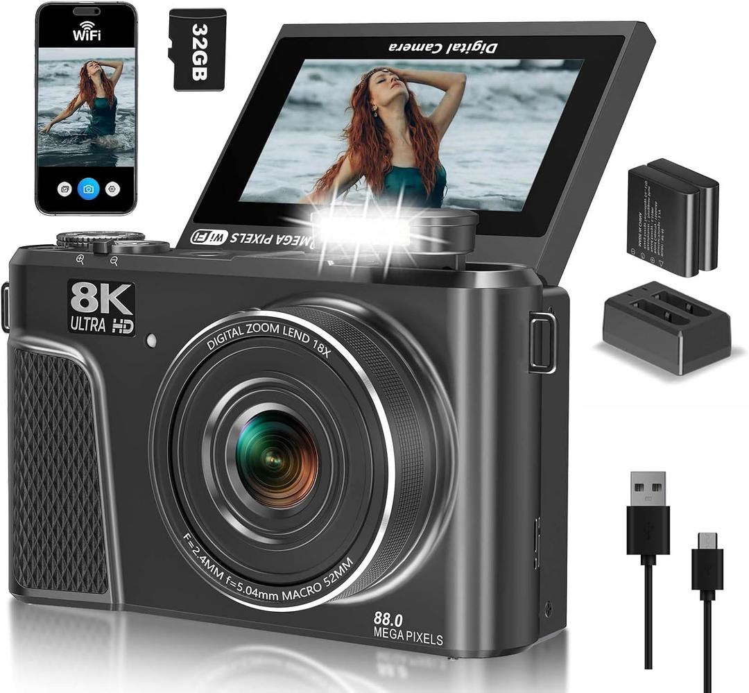 8K Digital Camera with 88MP & 3" 180° Flip Screen - 18X Zoom Auto Focus Vlogging Camera for YouTube/Photography, Includes 32GB SD Card & 2 Batteries