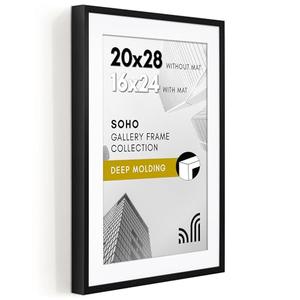 Americanflat 20x28 Picture Frame with Polished Plexiglass - Use as 16x24 Frame with Mat or Display 20x28 Photo Without Mat - Soho Collection - Deep Molding Picture Frames for Wall Display - Black