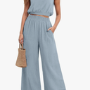 GRECERELLE Two Piece Sets for Women Sleeveless Crop Top Wide Leg Pants Sweat Set for Women Tracksuits 2026 Summer, Large