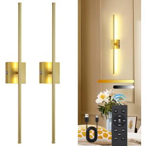 Battery Operated Wall Sconces Set of 2, LED Rechargeable Wall Lights with Remote Control, 3 Colors Dimmable, 350 Rotate, Gold Wireless Wall Lamp for Living Room, Bedroom, 28.3 Inch (2 Packs)