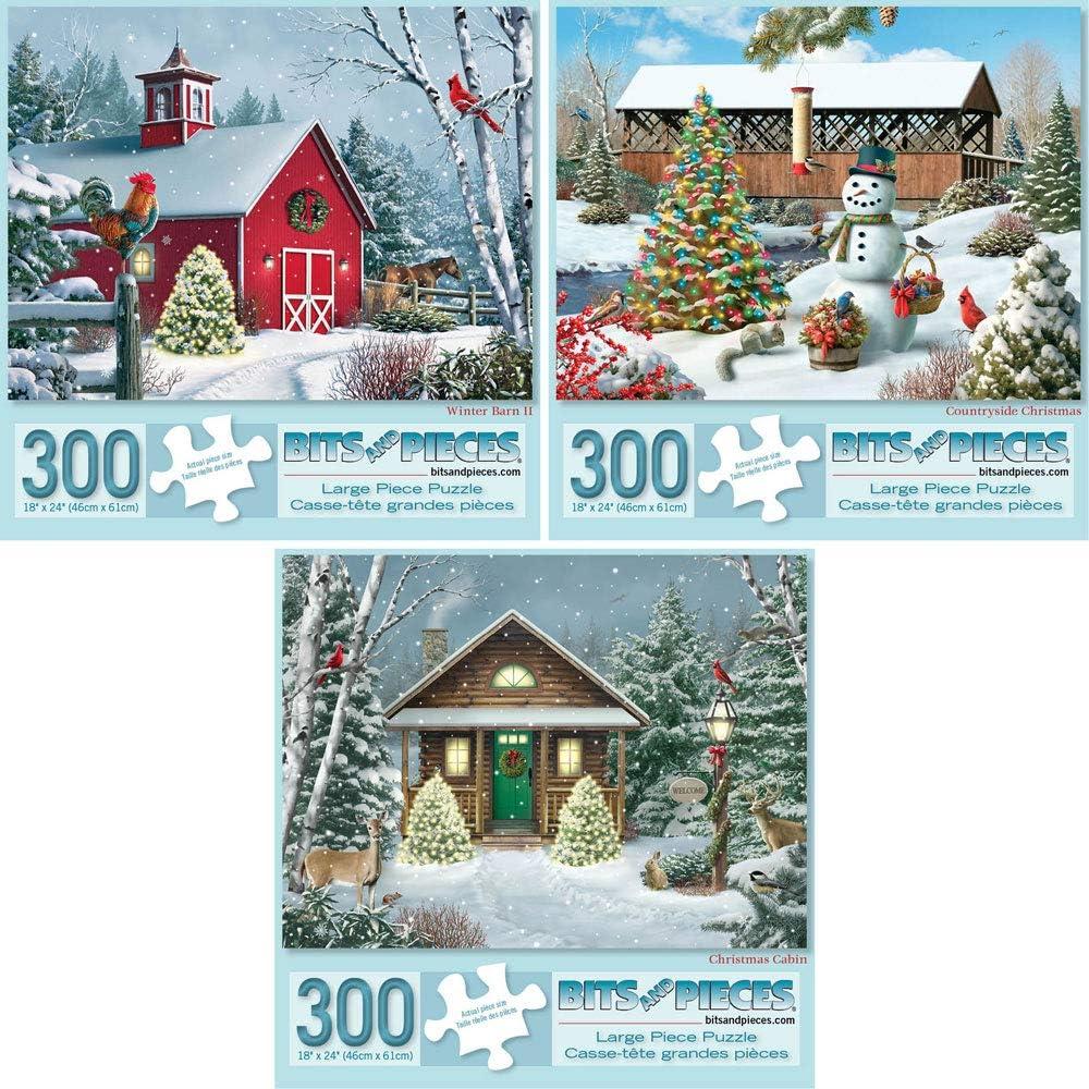 Bits and Pieces Set of Three 300 Piece Jigsaw Puzzles for Adults Christmas Holiday Snowman Jigsaw Puzzles Large Pieces 18" x 24" No 2 Pieces Alike