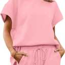 Tankaneo Womens Loungewear Set Short Sleeve Tops and Shorts 2 Piece Outfits Matching Lounge Pajama Set with Pockets (Small, Pink)