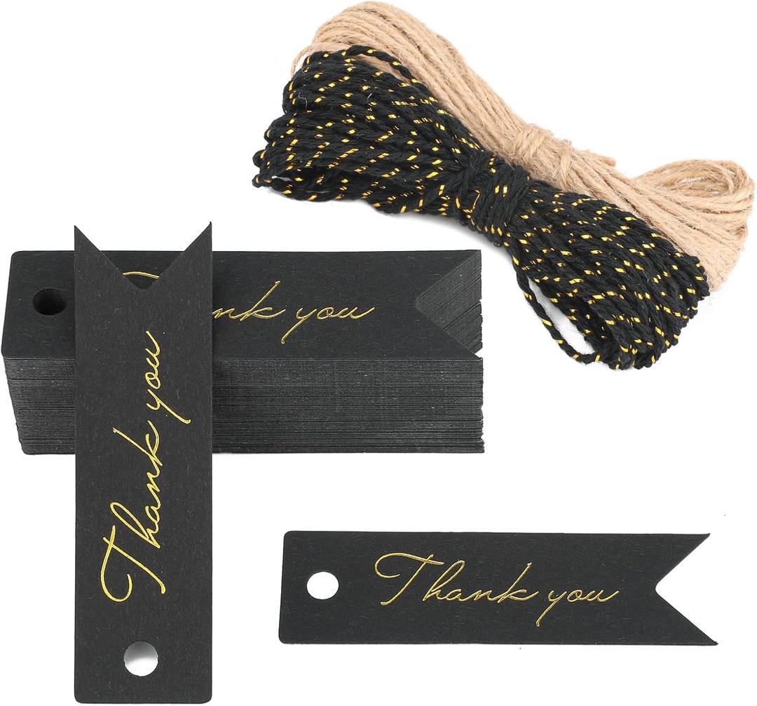 G2PLUS High-end Metallic Gold Thank You Tags, 100PCS 2.8'' x 0.8'' Gift Tags with String for Arts and Crafts,Gift Wrapping (Black)