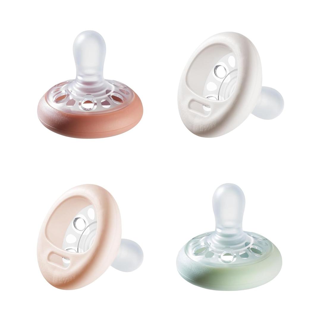 Tommee Tippee Breast-Like Pacifier, 0-6 Months, Symmetrical Design, Natural Breast-Like Baglet, BPA-Free Binkies, Rose/Green/Cream, Pack of 4 (0-6 Month (Pack of 4), Rose/Green/Cream)