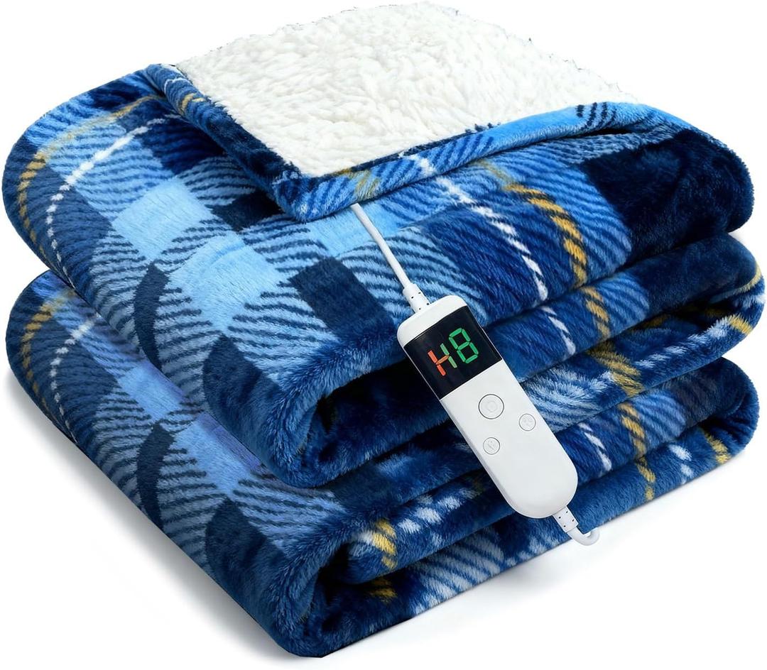 Electric Blanket Heated Full, Soft Flannel 72"x84" Plaid Heating Blanket with 8 Hours Auto Off 10 Fast Heating Levels Machine Washable Sherpa Heated Blanket with Overheating Protection (Blue)