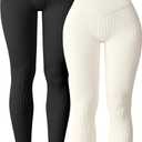 OQQ Women's 2 Piece Yoga Leggings Ribbed Seamless Workout High Waist Cross Over Athletic Exercise Leggings (Black,Beige)