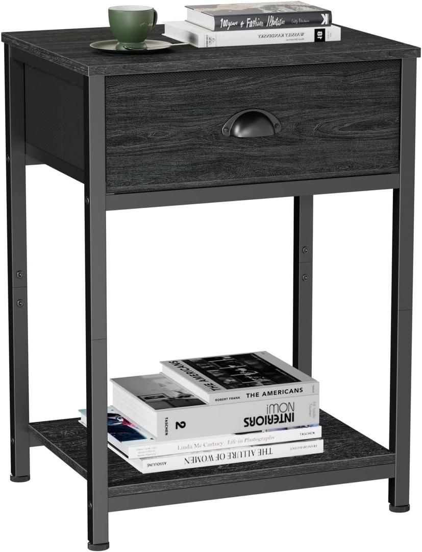 Furologee Nightstand with Fabric Drawer & Storage Shelf, Small Bedside Table Organizer for Small Space, 2 Tiers Industrial End Table, Side Table for Living Room, Bedroom, Black Oak (1)