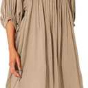 Puff Sleeve Dress for Women - Fall Beach Boho Half Open Collar Loose Midi Dresses Beige 