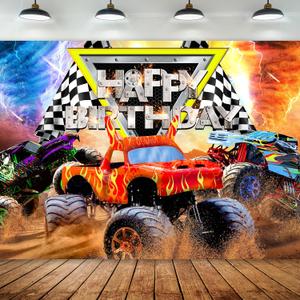 Truck Themed Birthday Party Supplies Backdrop 7Wx5H Monster Boys Kids Happy Birthday Background Photography Jam Burning Flame Car Grave Digger Party Decorations Banner Photo Booth Props