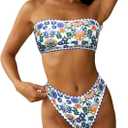 ZAFUL Women Strapless Textured Bandeau Bikini 2 Piece Swimwear Cheeky Solid Lace up Bathing Suits (7-blue Yellow, XL)