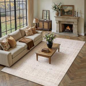 6x9 Washable Neutral Area Rug Living Room Beige Floral Non Slip Low Pile Throw Rug Modern Traditional Stain Resistant Carpet Bedroom Kitchen Dining Room Office Playroom