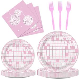 96PCS Pink Silver Disco Party Plates Napkins Disco Birthday Decoration 70s Theme Disposable Paper Cake Tableware Serve 24 Guests Women Girls Baby Shower Bachelorette Wedding Birthday Party Favor