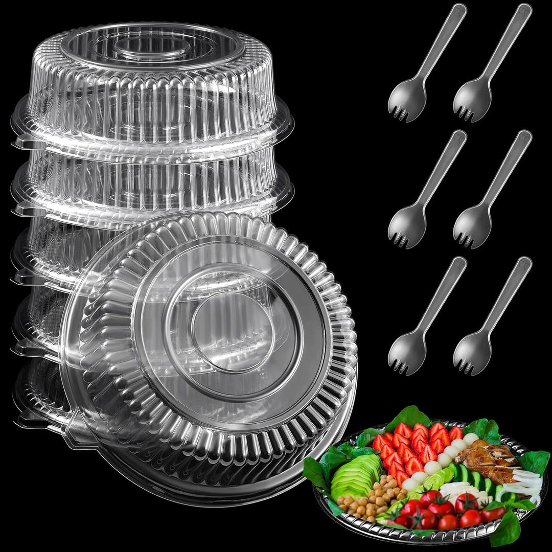 Tessco 6 Pack Plastic Serving Platters with Lid and Sporks, Disposable Heavy Duty Party Tray Round Catering Tray Containers for Food Salad Sandwich Takeout Picnic Supplies (12 Inch, Clear)