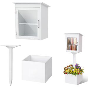 Wonderjune Wooden Little Library Box Outdoor, Weatherproof Double Solid Wood Book Exchange Box with Floor Plugs and Small Flower Fence for Neighborhoods, Community, Literature, School(White)