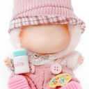 Clothes for Labubu - 5 Pieces Clothing Set for 15cm&17cm Labubu, Cute Dolls Outfits for Girls, with Headband + Undershirt + Overalls + Shoes + Milk Bottle(Pink)