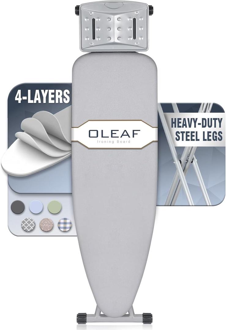 oleaf Ironing Board with Cover and Thicken Pad 43 x 13 Height Adjustable Full Size Foldable Iron Board with Iron Rest, Stable Steel Legs, Metal Construction, Heat Resistant, Silver
