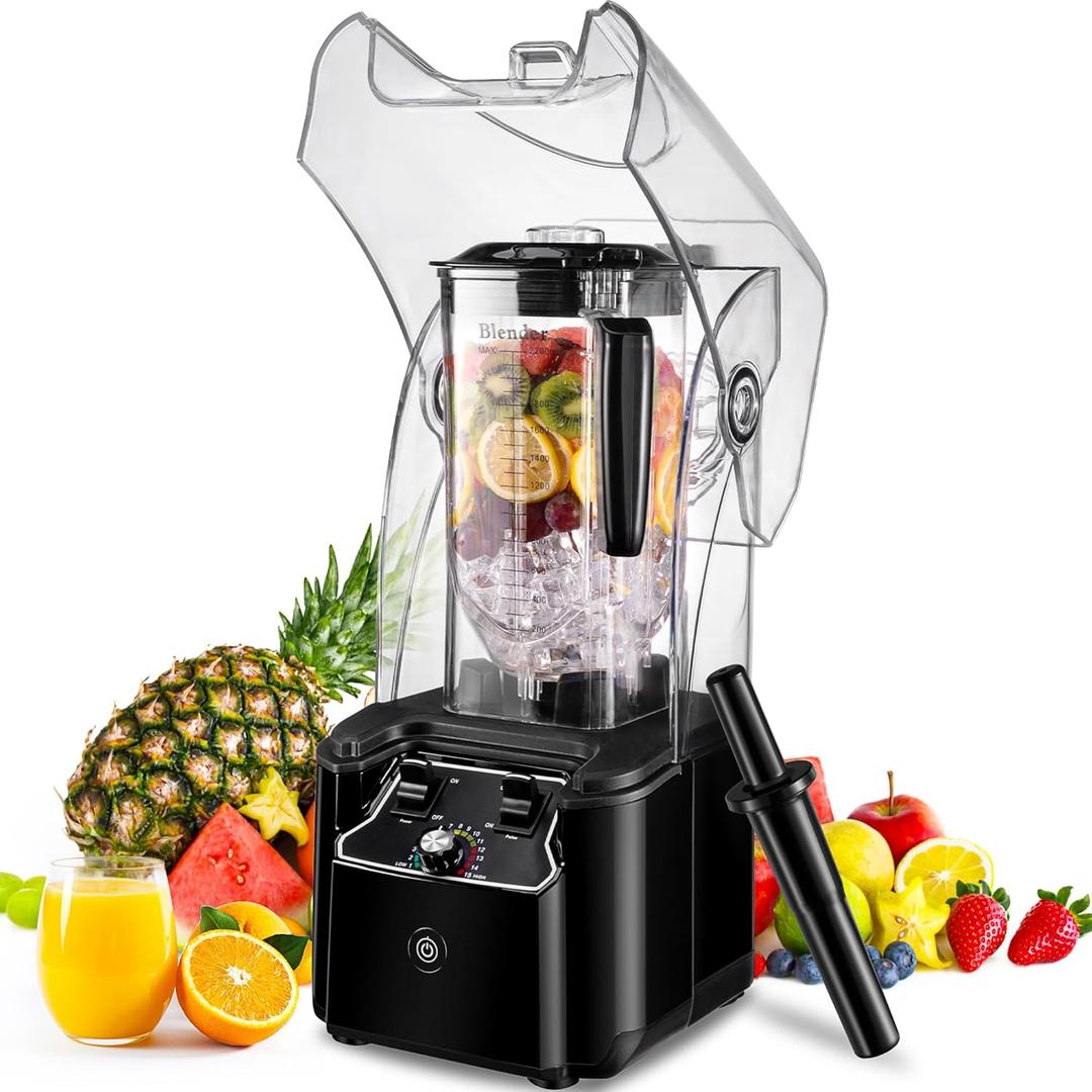 Commercial Blender for Smoothies 2200W With Soundproof Cover, 2200 ML, 15 Speeds, 6-leaves Stainless Steel Blade,Heavy Duty Blender for Restaurant, Smoothie,Ice Crush,Shakes, 9.5"D x 9"W x 19.7"H (Black)