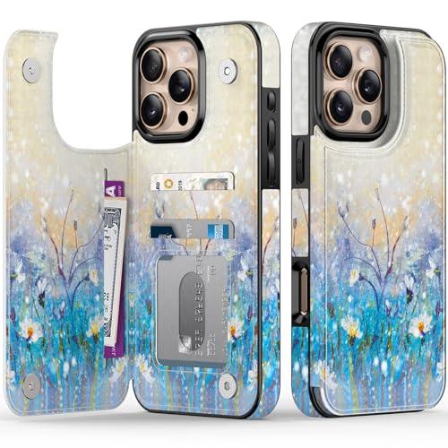 LETO for iPhone 16 Pro Wallet Case - Flip Folio Leather Kickstand - Fashionable Flower Designs - Credit Card Holder - Protective Phone Cover for Women and Girls - 6.3" - White Flowers Blue Purple