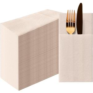 50 Pieces Pocket Linen Napkins, Disposable Airlaid Paper Prefolded Dinner Napkins with Built in Flatware Pocket for Silverware Wedding Party(Beige)
