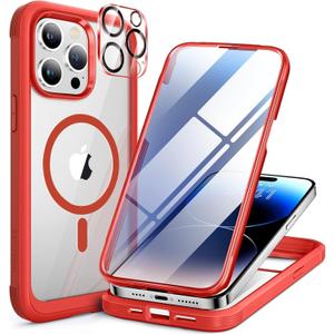 Miracase Magnetic for iPhone 14 Pro Max Case 6.7 inch, (Compatible with MagSafe) Upgrade Full-Body Clear Phone Bumper Case with Built-in 9H Tempered Glass Screen Protector, Magnetic Red
