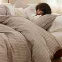 Bedsure Striped Duvet Cover Queen Size,100% Washed Cotton Duvet Cover Linen Like Textured, Classic Striped Pattern Enhances Bedroom Comfort and Style, Stripes Tan/White, 90"x90"